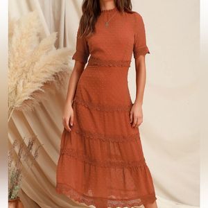 Lulus Dreaming of You Rust Orange M Swiss Dot Midi Dress NWT IN PACKAGING